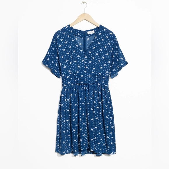 & OTHER STORIES Blue Floral White Polka Dot Flared Mini Summer Dress Size 10 - Picture 2 of 10